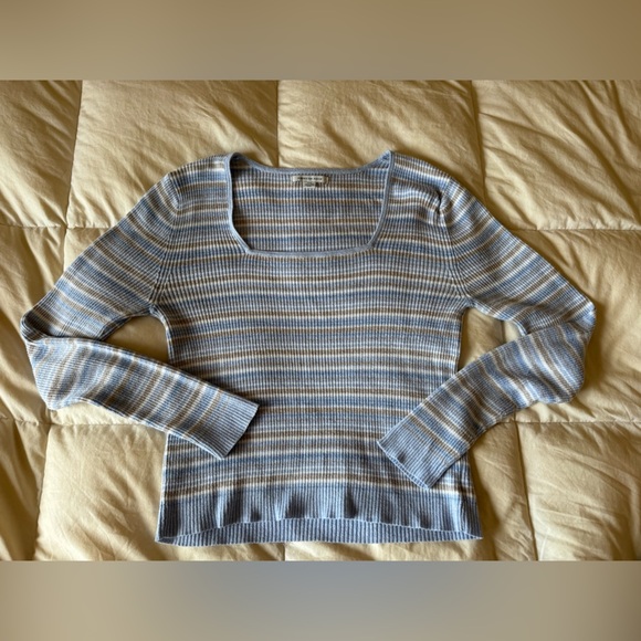 American Eagle Outfitters Tops - American Eagle Outfitters Blue and Tan Ribbed Top square neck